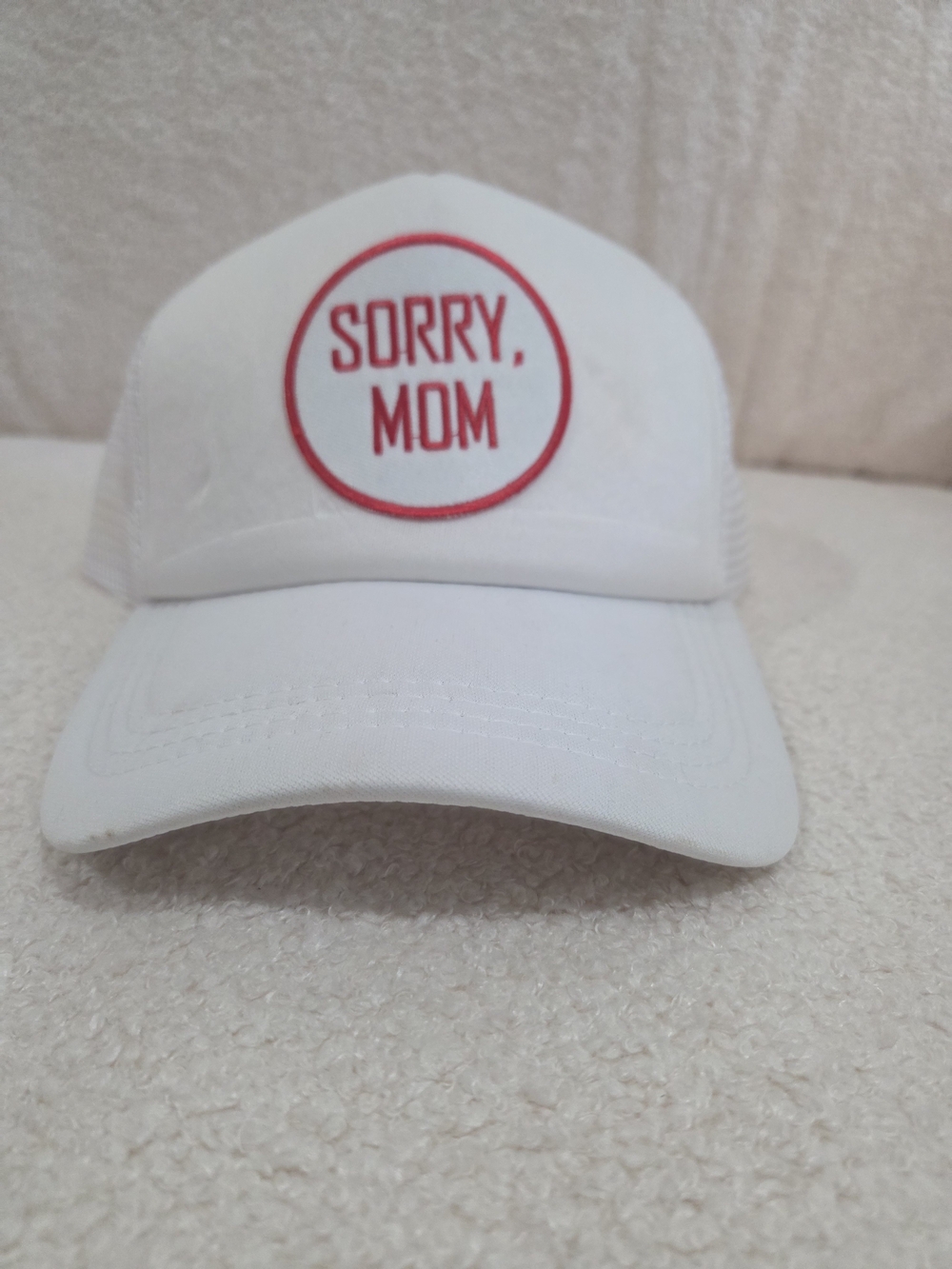 White 'Sorry, Mom' Trucker Hat - Red Patch